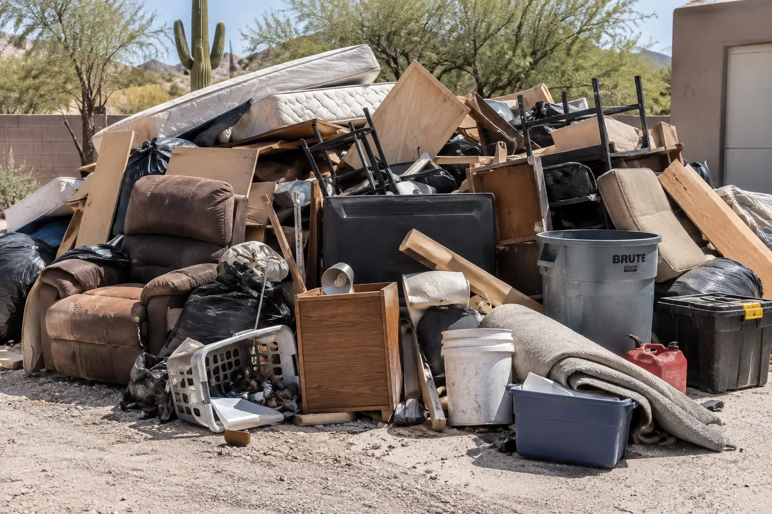 Pile of discarded furniture, mattresses and household junk awaiting removal